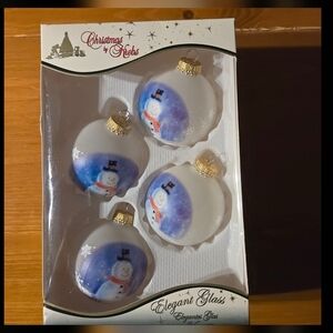Krebs Blue Snowman Frosted Glass Vintage Christmas Ornaments Set of 4 Cobalt 90s